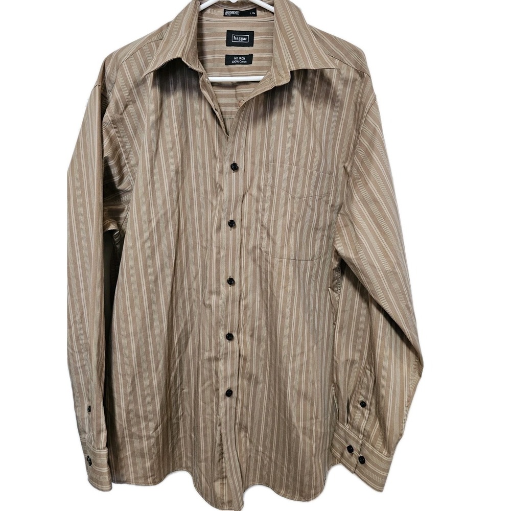 Haggar Button-Up Shirt Men's Size L Brown Striped Long Sleeve Collared Cotton